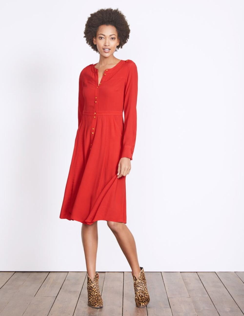 Boden Dress Sz 2 Red Gold Buttons Down Tie Knee Long Sleeve Office Ashbourne
